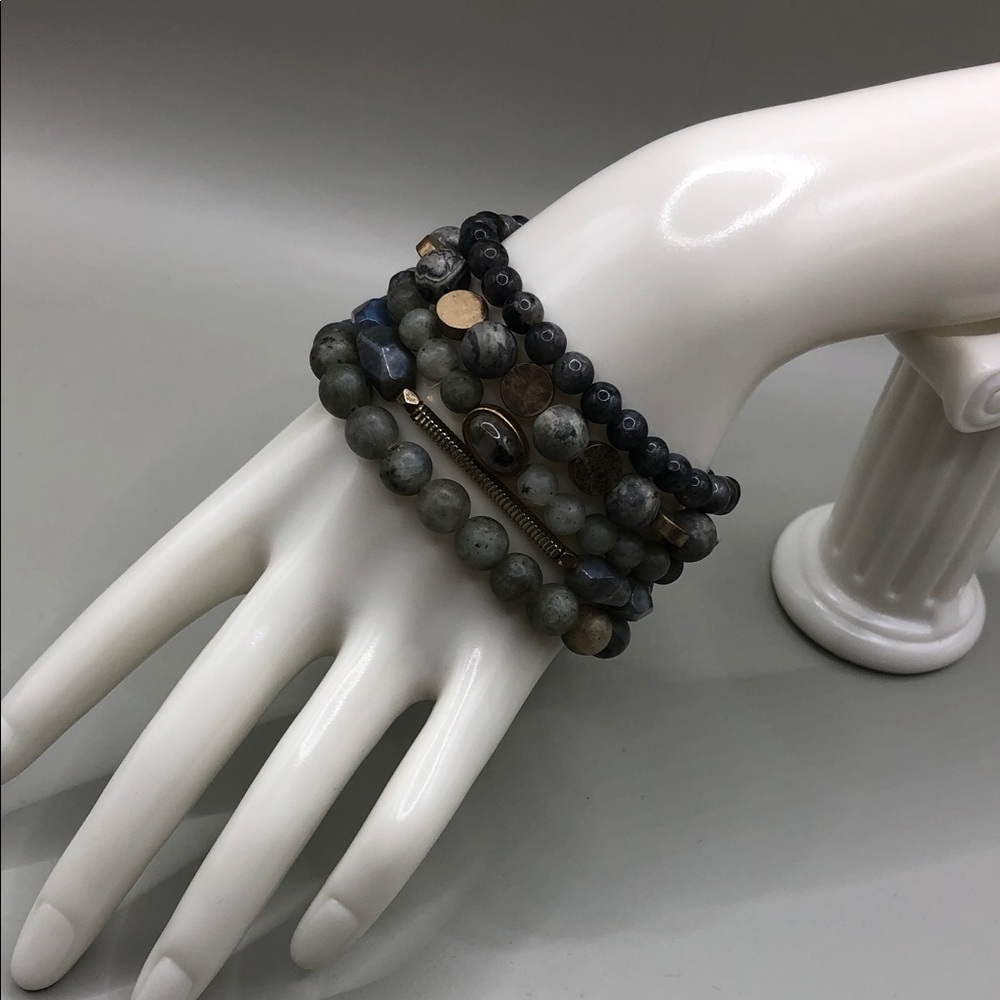 Curated bundle 5 labradorite jasper stone bead roll bracelets boho layer stack